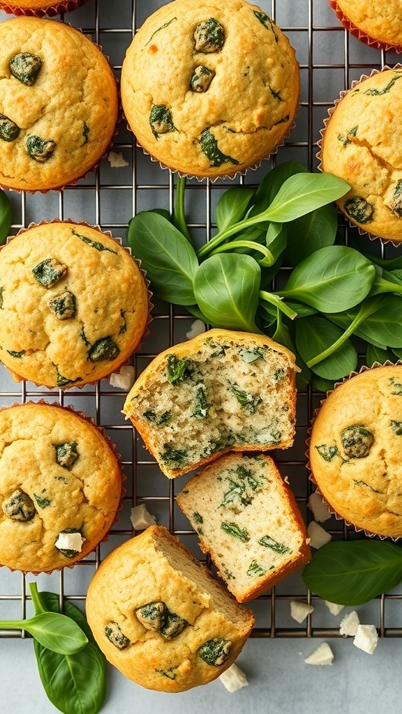 Savory spinach and feta breakfast muffins on a cooling rack with fresh spinach leaves.