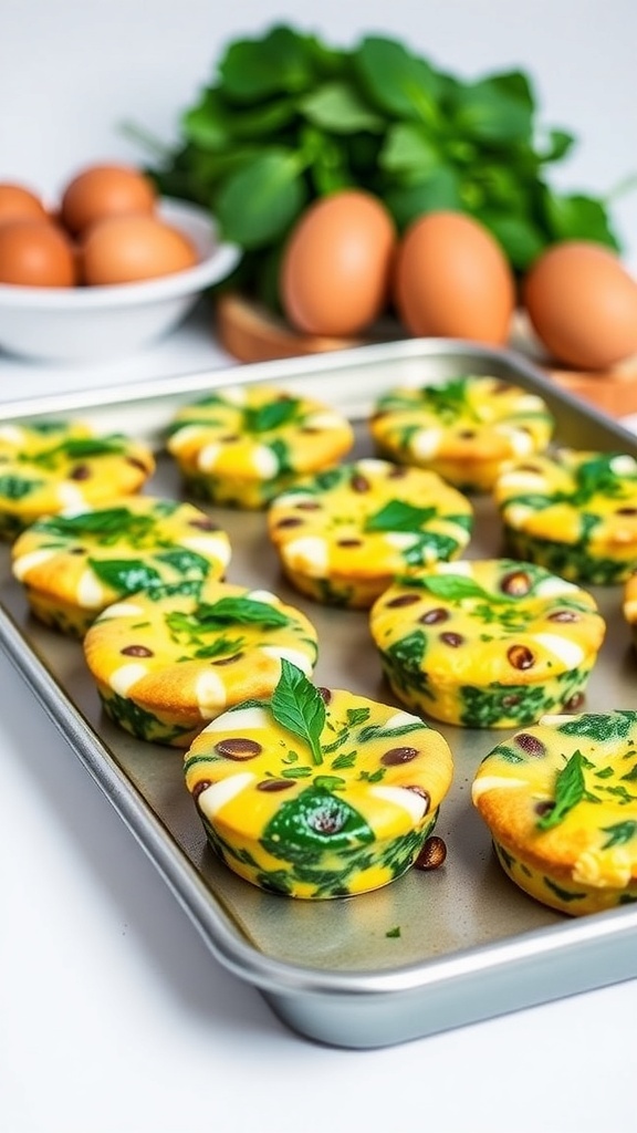 Savory spinach and feta egg muffins on a tray with fresh ingredients in the background.