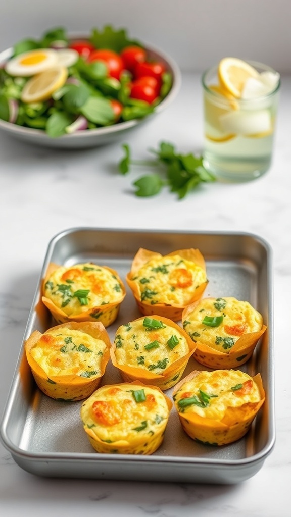 Savory Spinach and Feta Egg Muffins in a muffin tin with fresh salad in the background.
