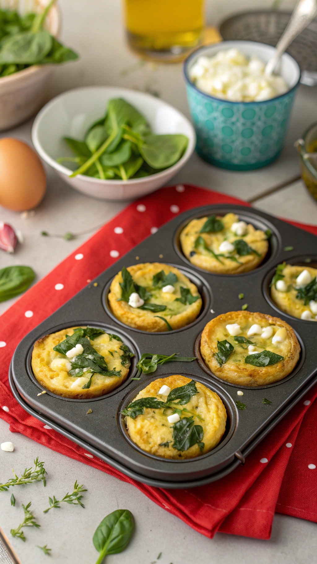Savory Spinach and Feta Egg Muffins in a muffin tin