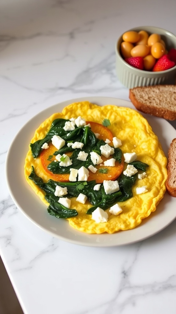 A savory spinach and feta omelet served with bread and a bowl of fruit.