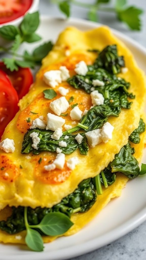 A delicious spinach and feta omelette served with fresh tomatoes.