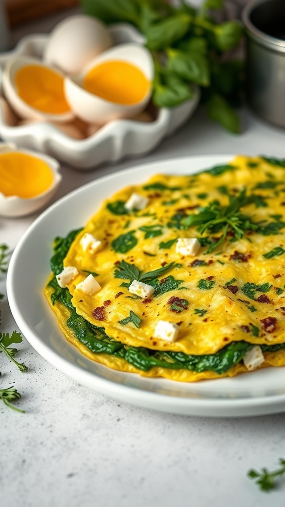 A delicious spinach and feta omelette served on a plate with eggs in the background.