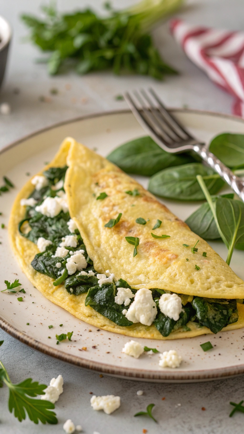 A delicious spinach and feta omelette served on a plate with fresh spinach leaves.