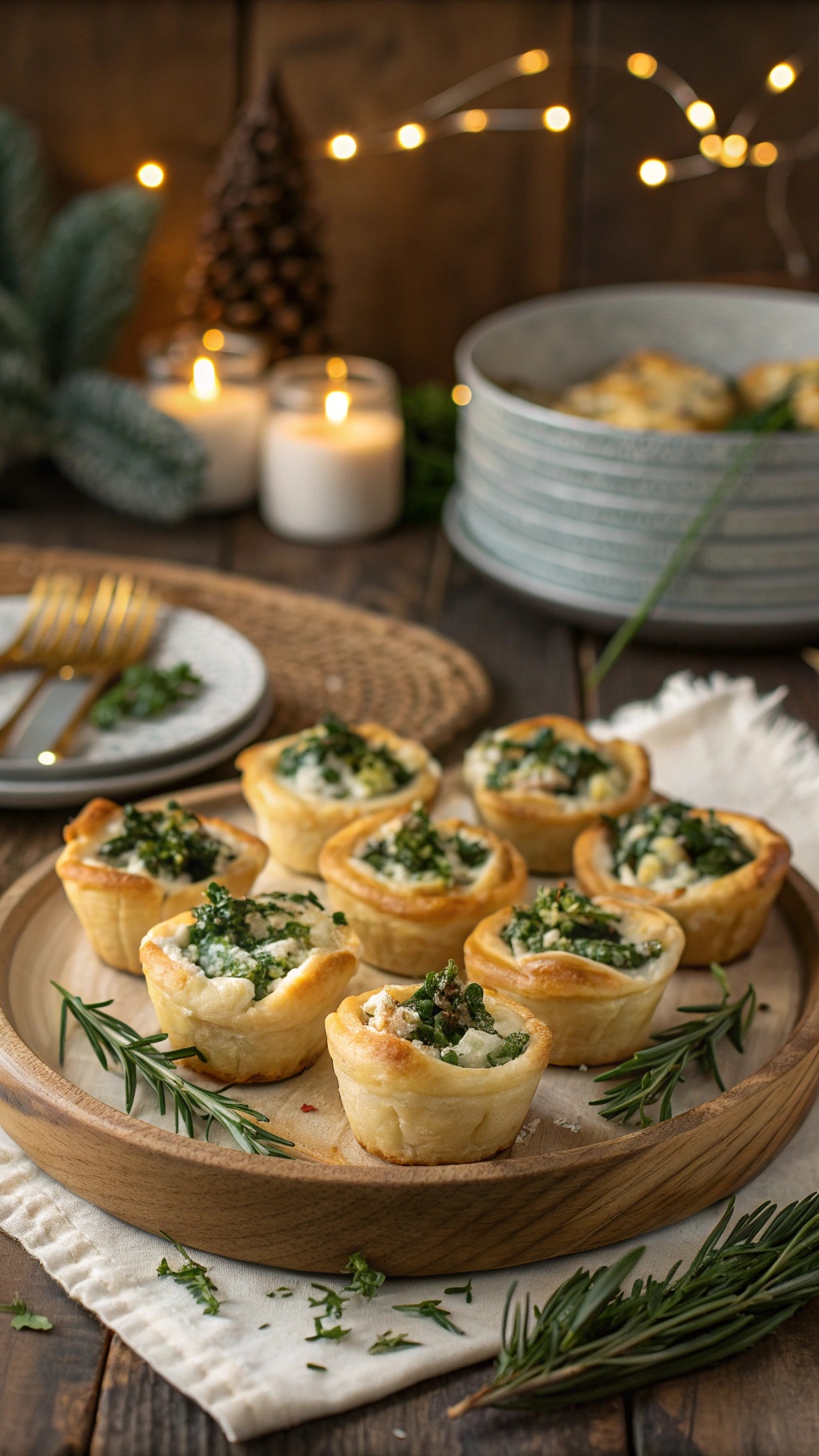 Savory spinach and feta puff pastry bites on a wooden platter with herbs and candles