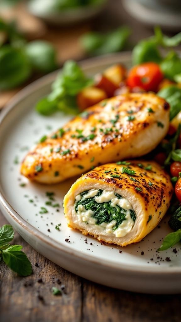 Savory spinach and feta stuffed chicken on a plate with fresh vegetables