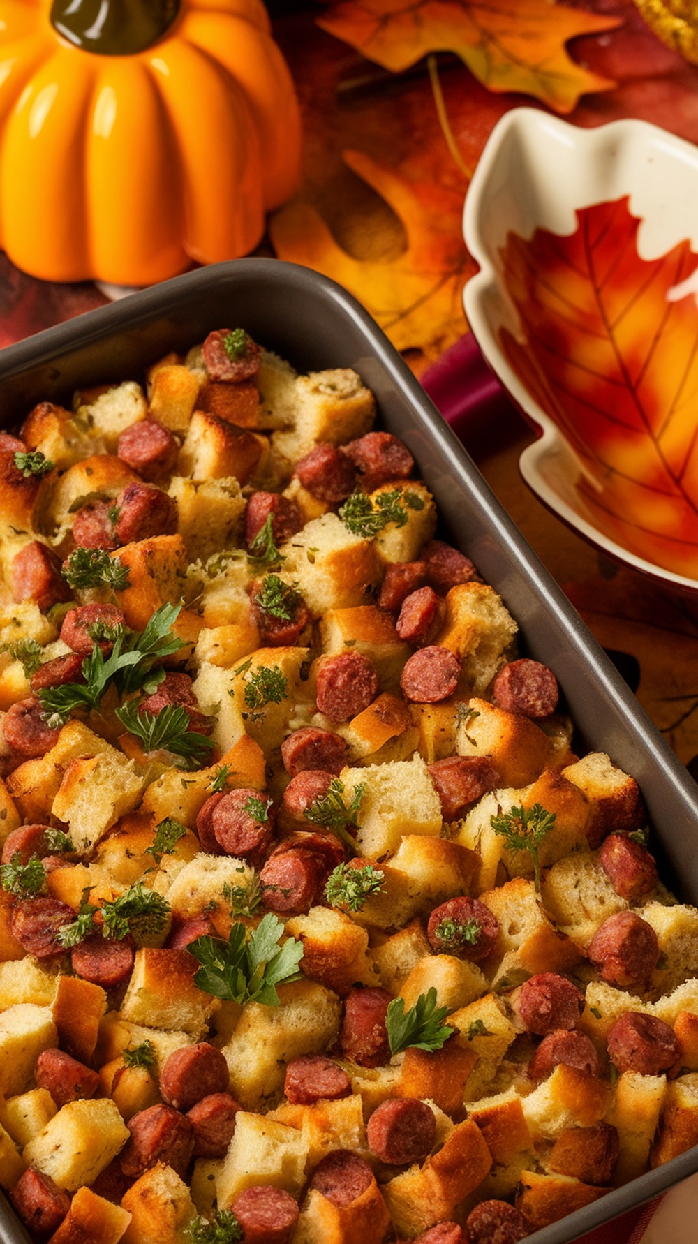A delicious looking stuffing with sausage and herbs, perfect for Thanksgiving.