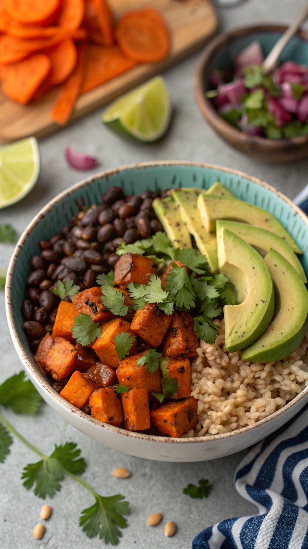 A colorful bowl of sweet potato and black bean burrito bowl with avocado, cilantro, and lime.