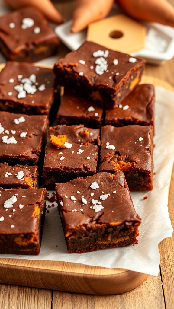Delicious sweet potato brownies topped with sea salt, arranged on a wooden board.
