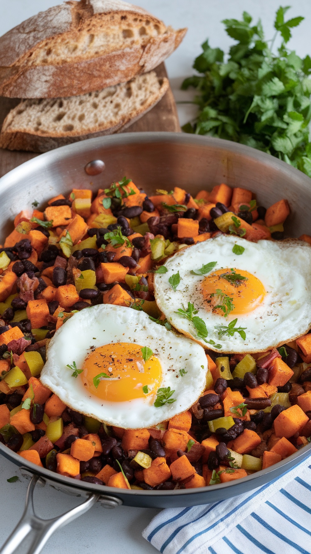 A skillet filled with sweet potato hash topped with fried eggs, served with slices of bread and fresh herbs.