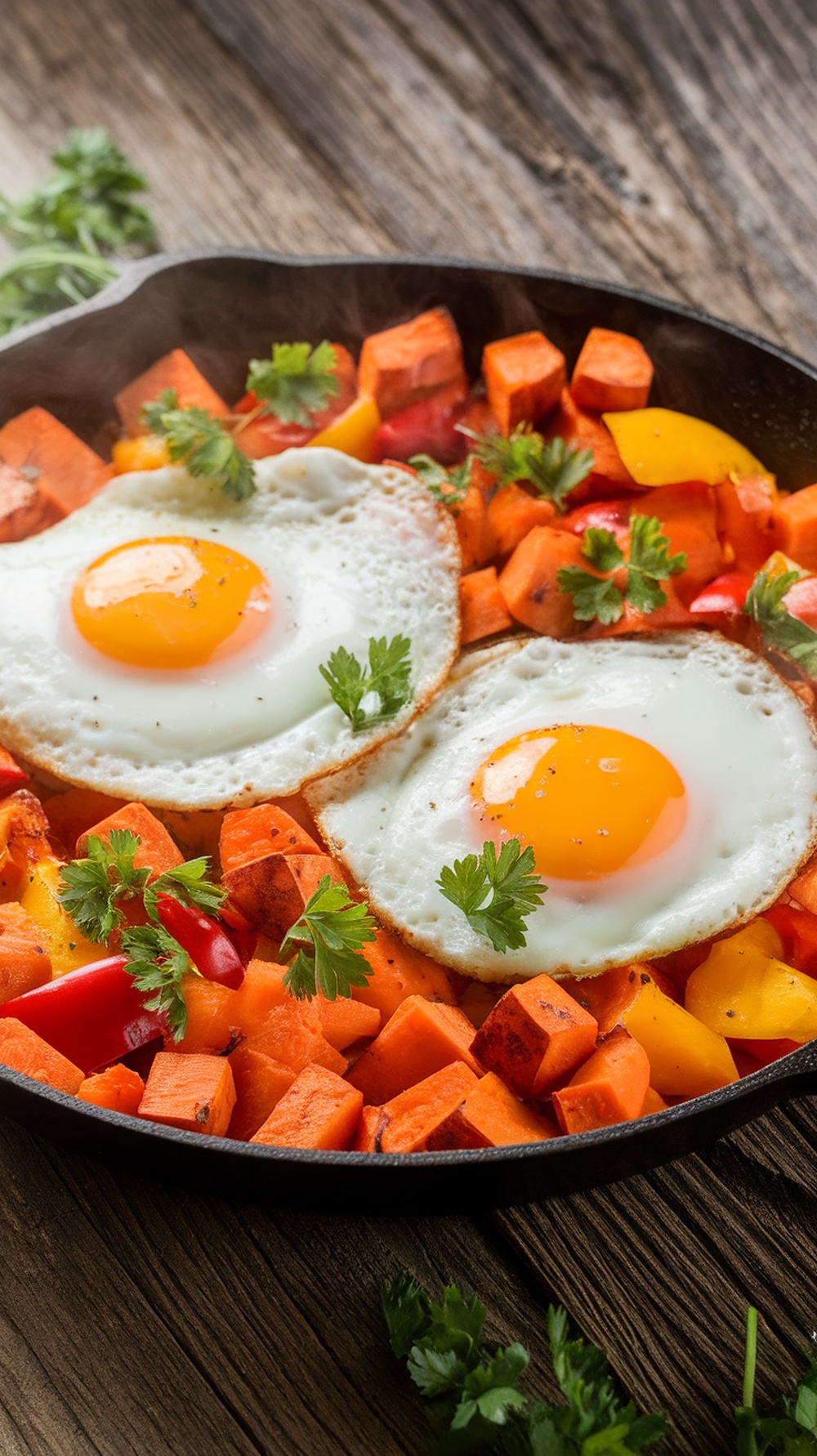 A colorful sweet potato hash with eggs, garnished with cilantro, in a skillet.