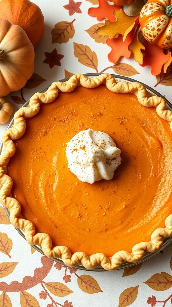 A delicious sweet potato pie topped with whipped cream, surrounded by autumn decorations.