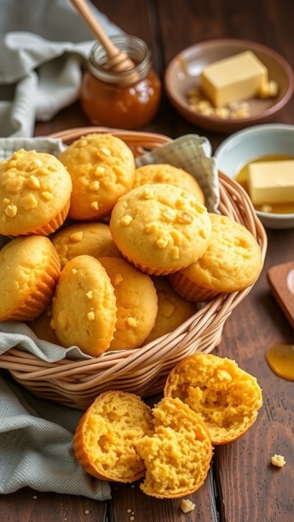 A basket of golden cornbread muffins with butter and honey on the side.