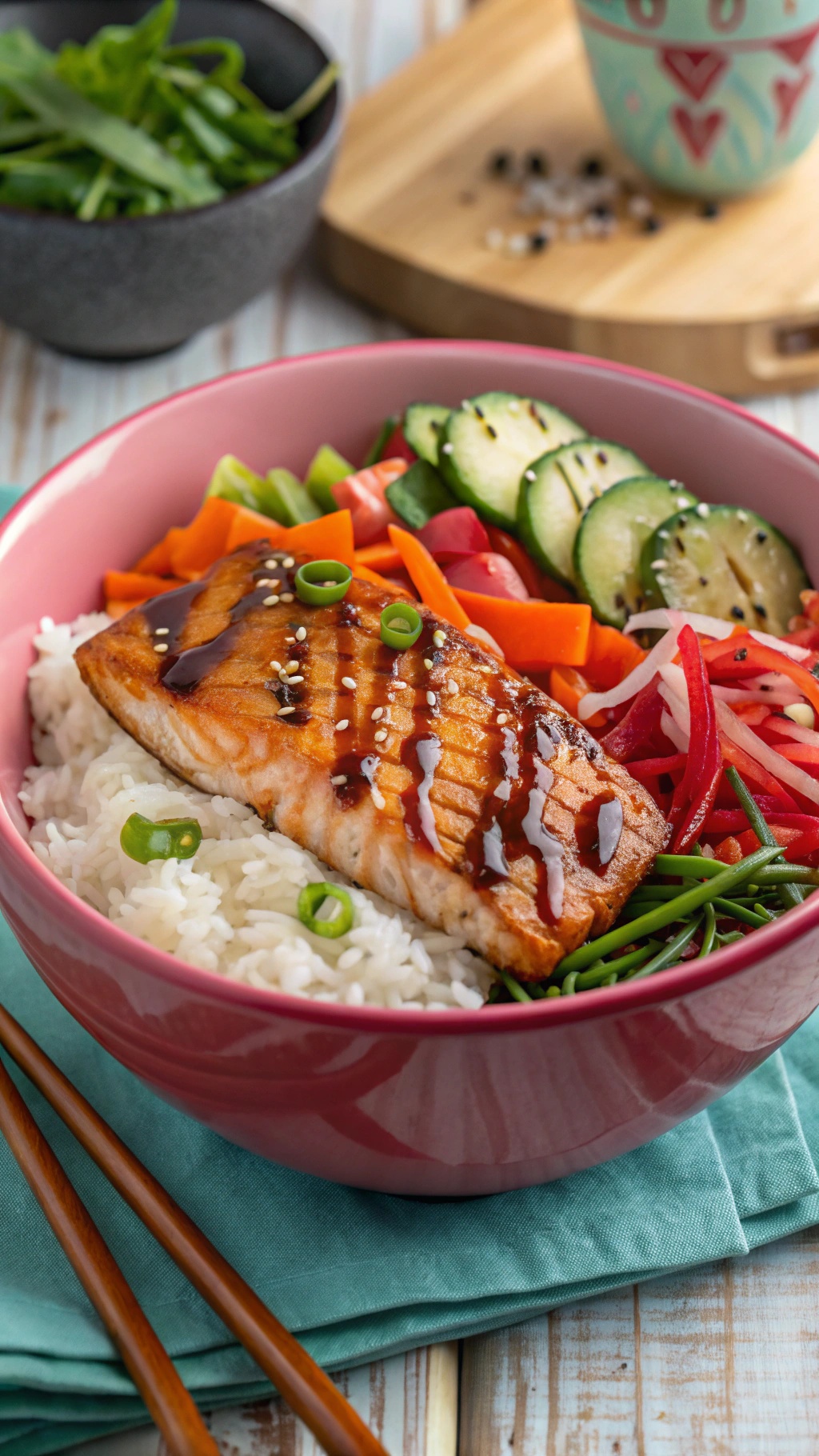 A colorful teriyaki salmon bowl with rice, salmon, and fresh vegetables.