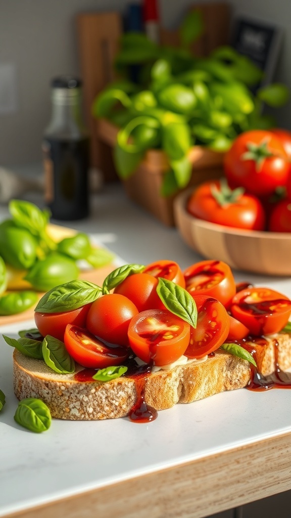 A delicious breakfast sandwich with sliced tomatoes and fresh basil on whole grain bread.