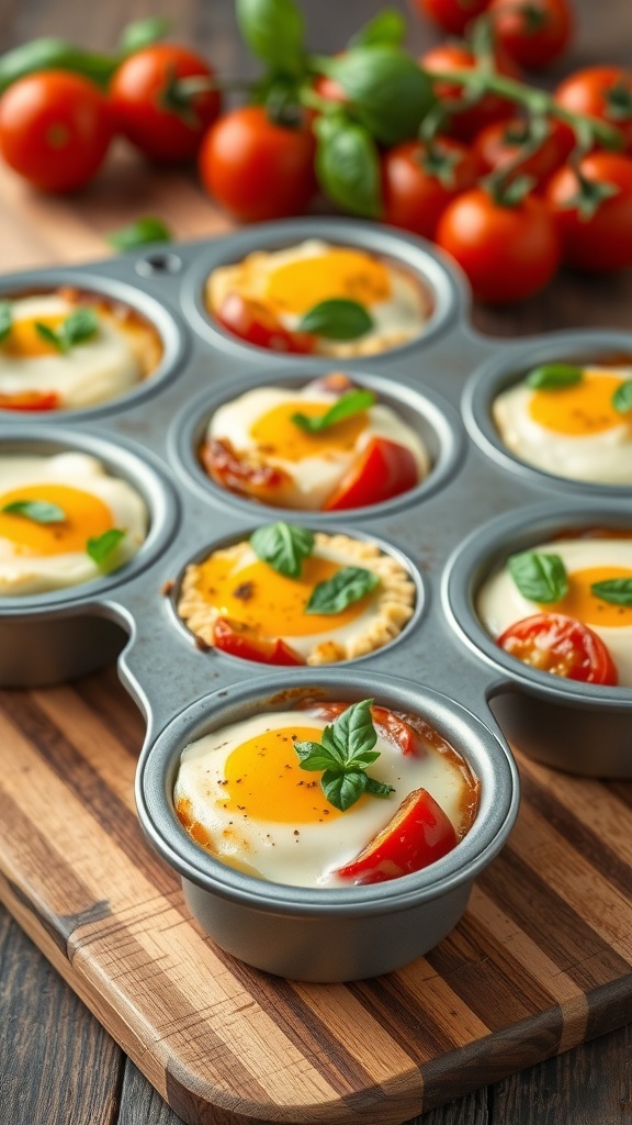 Savory tomato basil egg cups with fresh basil and cherry tomatoes