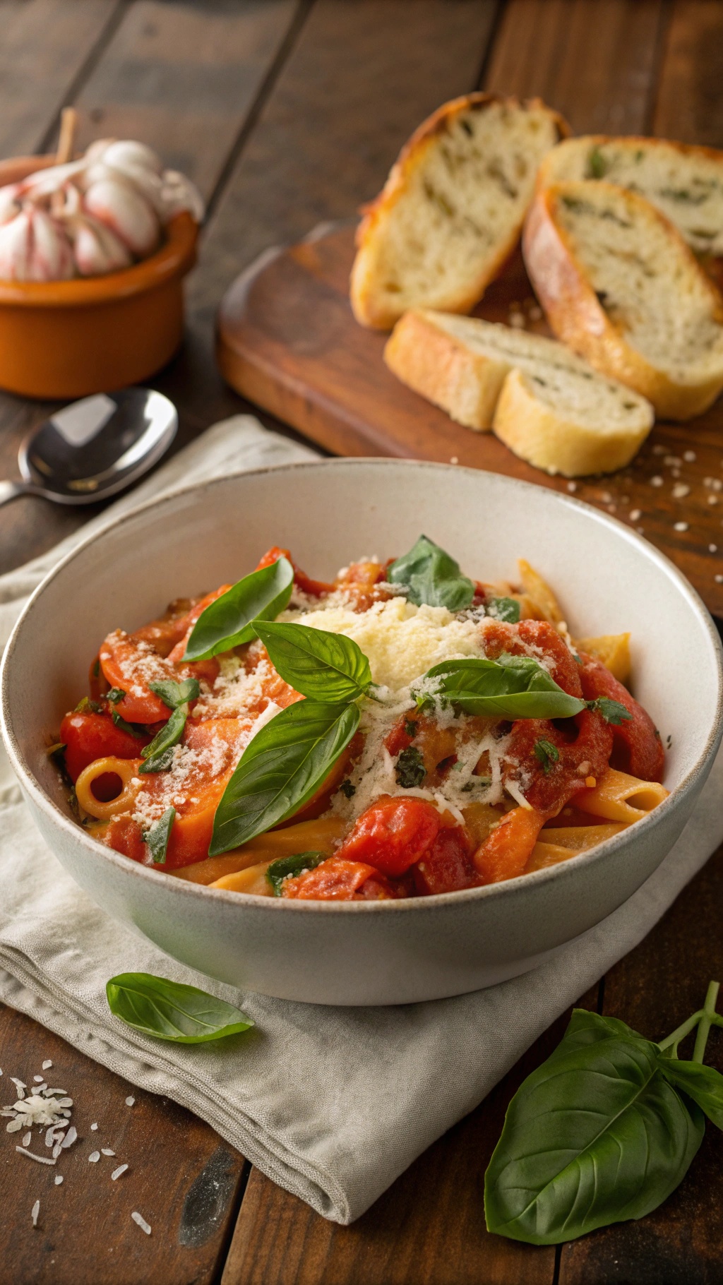 A bowl of savory tomato basil pasta topped with fresh basil and parmesan cheese, with garlic bread in the background.