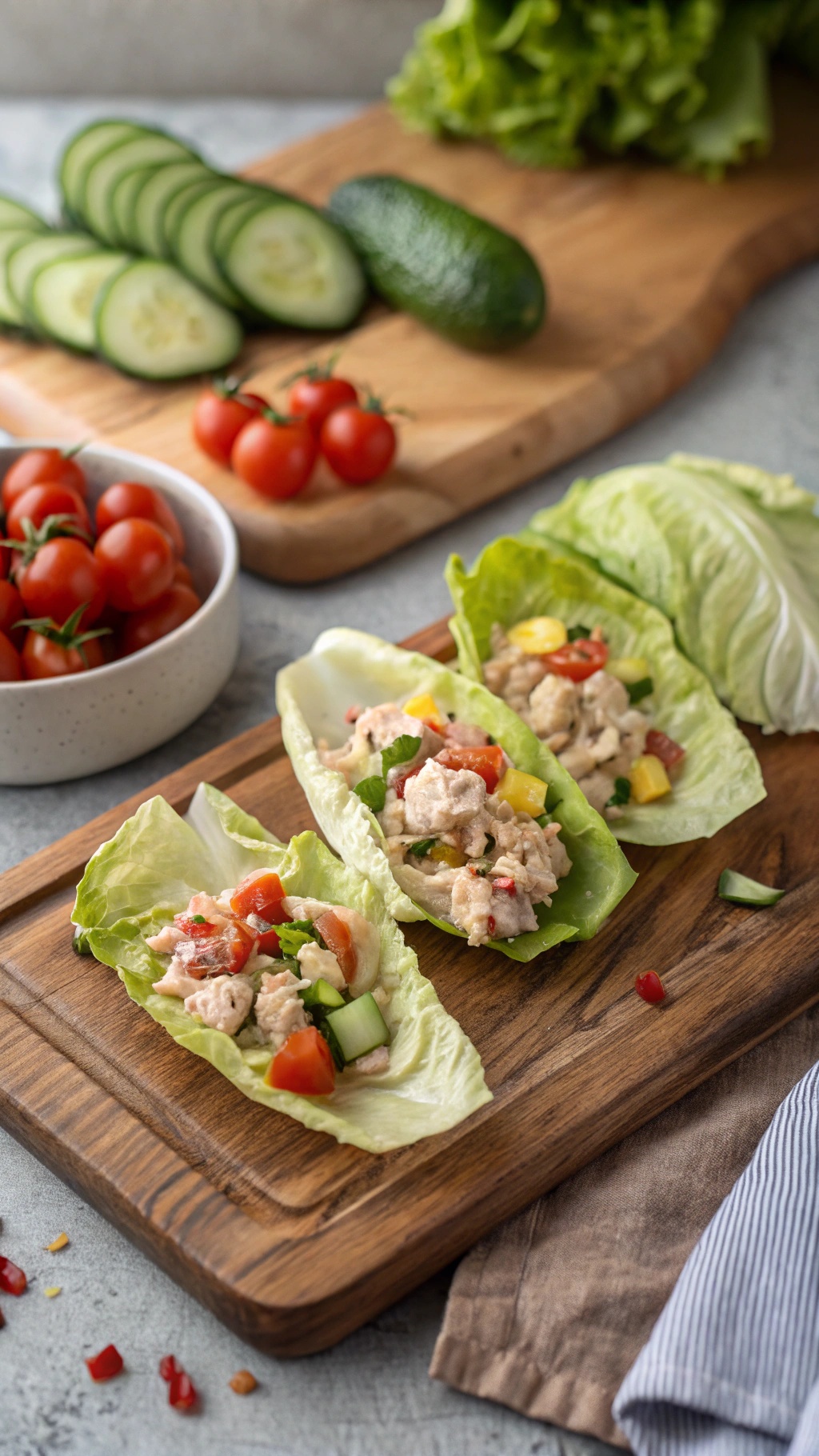 Savory tuna salad lettuce wraps with fresh vegetables on a wooden board