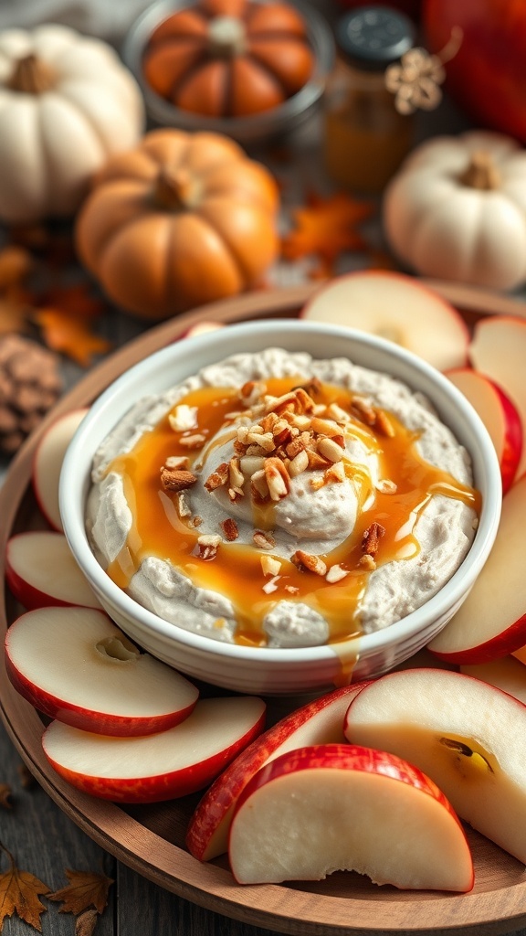 A bowl of vegan caramel apple dip surrounded by sliced apples and topped with nuts, with pumpkins in the background.