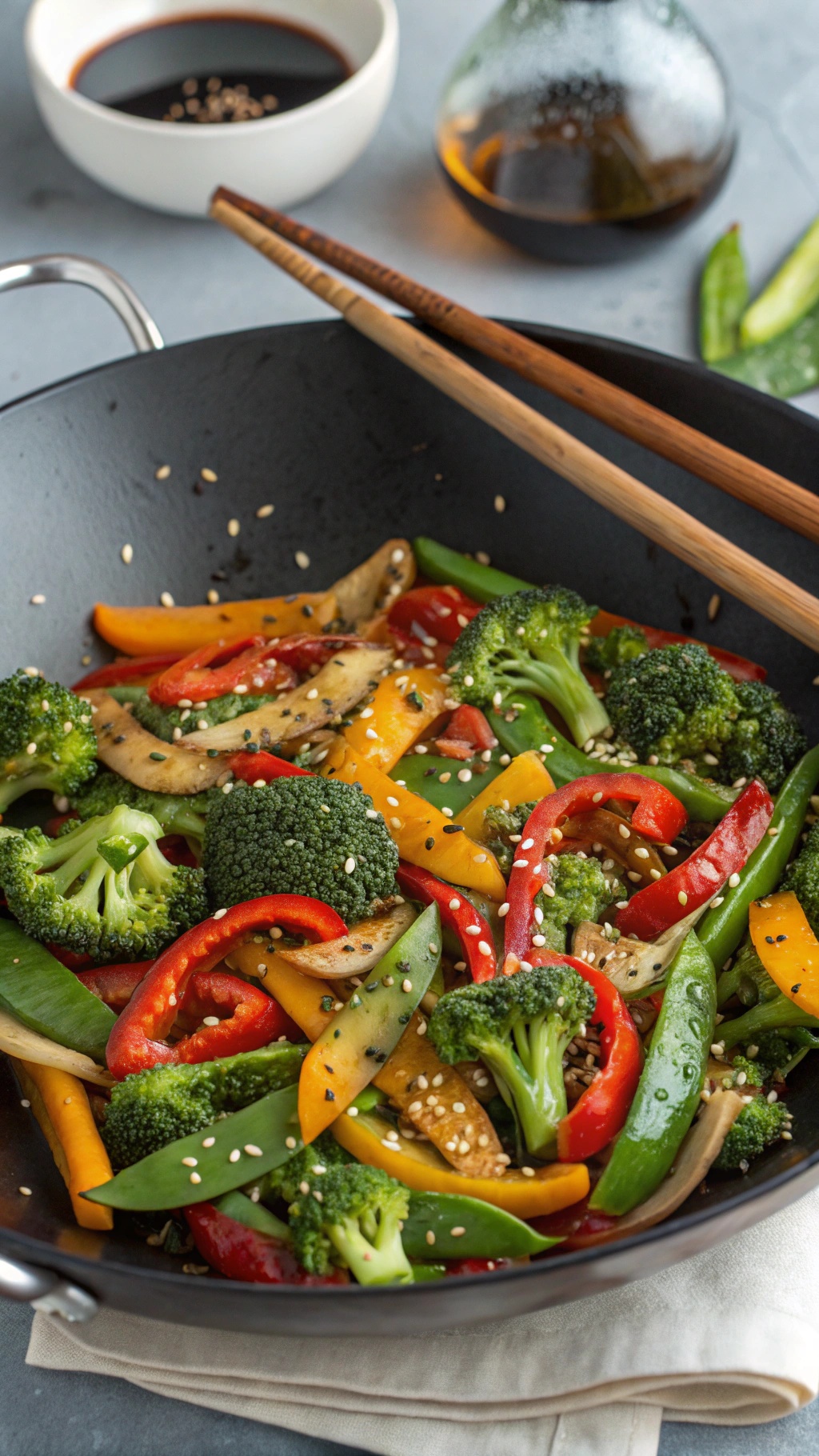 A colorful vegetable stir-fry with broccoli, bell peppers, and snap peas in a wok.