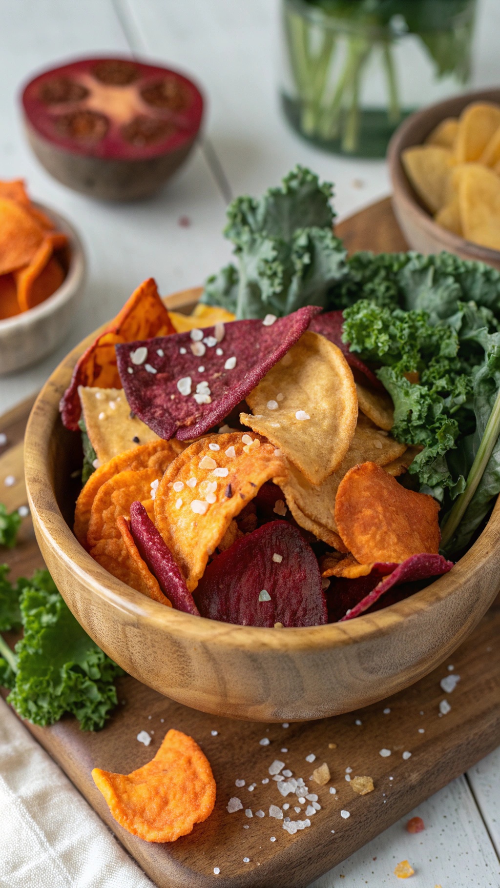 A bowl of colorful veggie chips made from sweet potatoes, beets, and kale, garnished with sea salt.