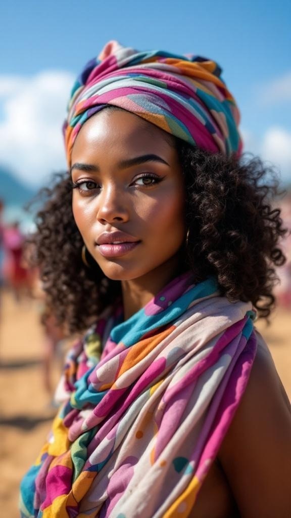 A model with curly hair wearing a colorful scarf, showcasing defined curls.