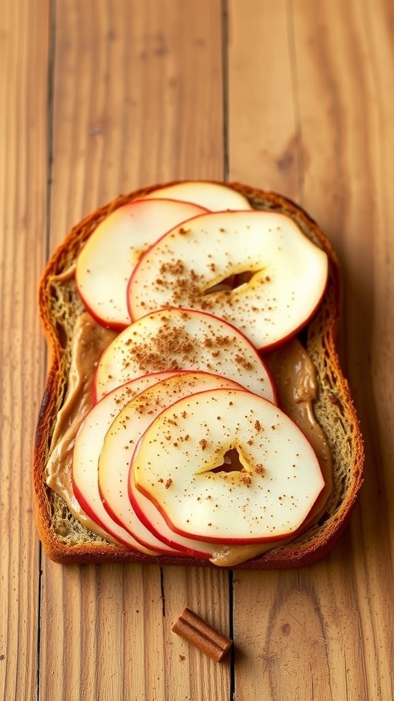 Almond butter spread on toast topped with apple slices and a sprinkle of cinnamon.
