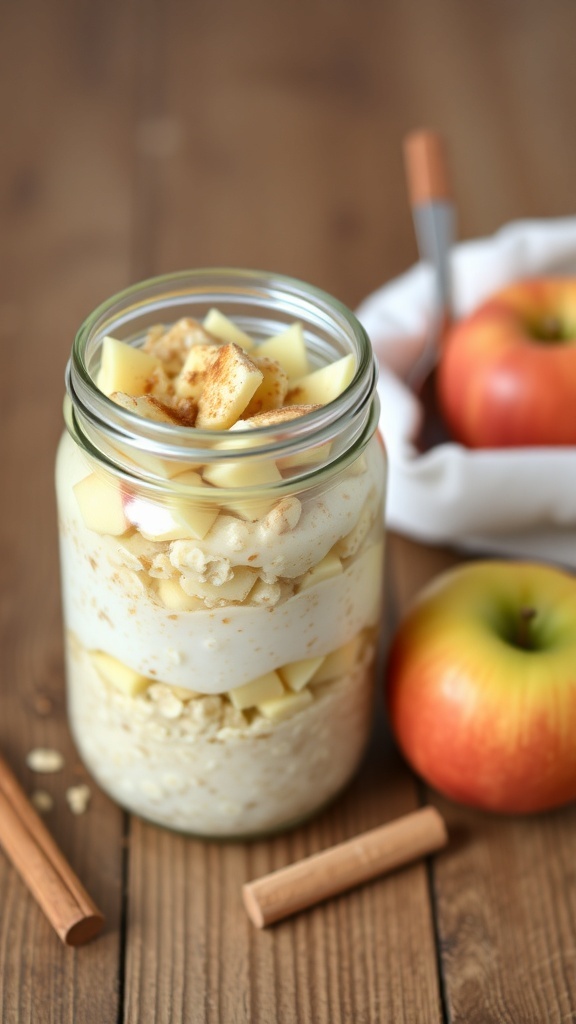 A jar of apple cinnamon overnight oats with diced apples and cinnamon sticks