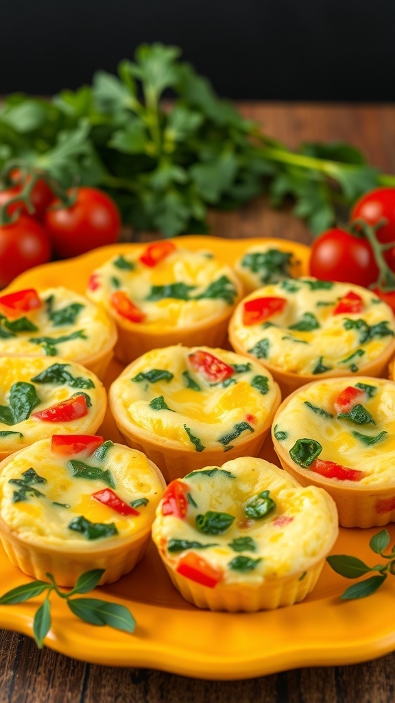 A platter of colorful egg muffins with spinach and red peppers, perfect for meal prep.