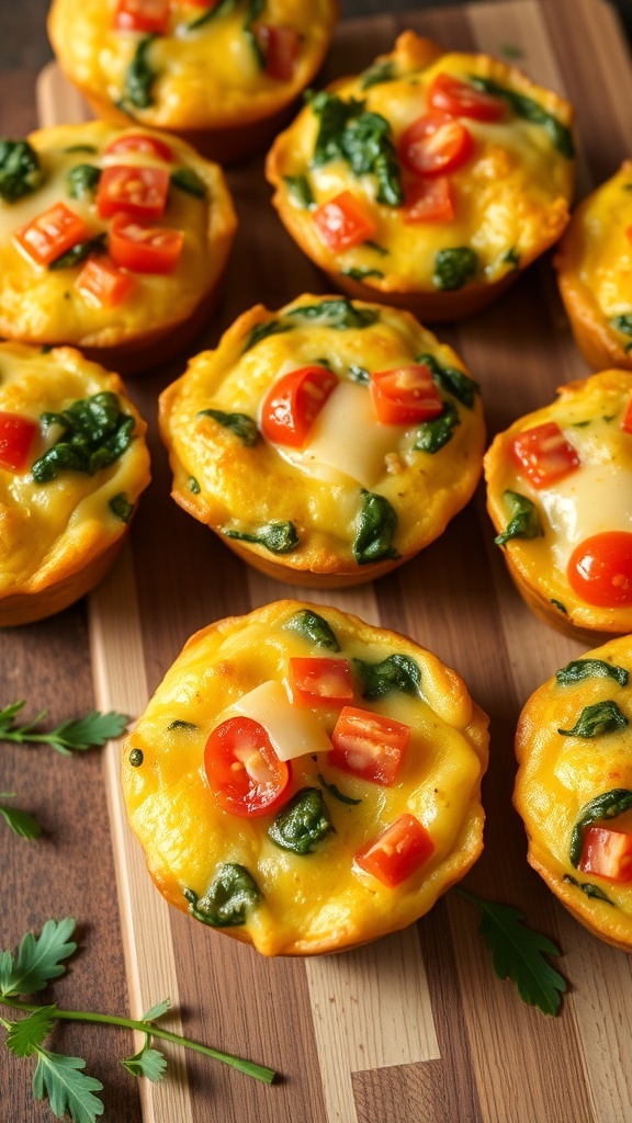 Delicious egg muffins with spinach and tomatoes on a wooden board
