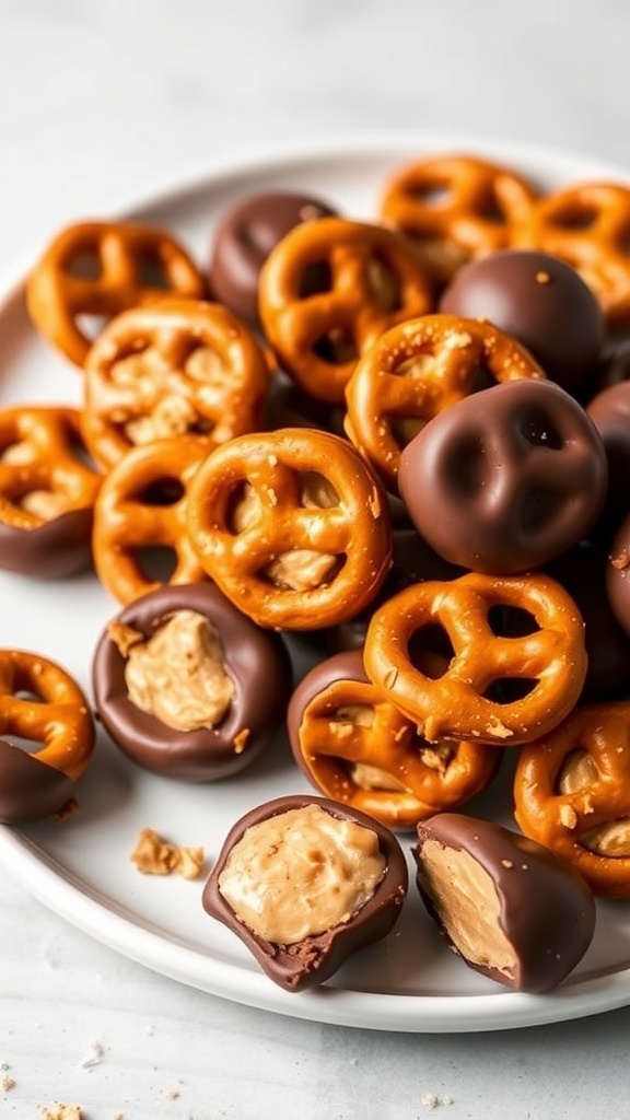 A plate of peanut butter pretzel bites coated in chocolate, showcasing a mix of crunchy pretzels and creamy filling.