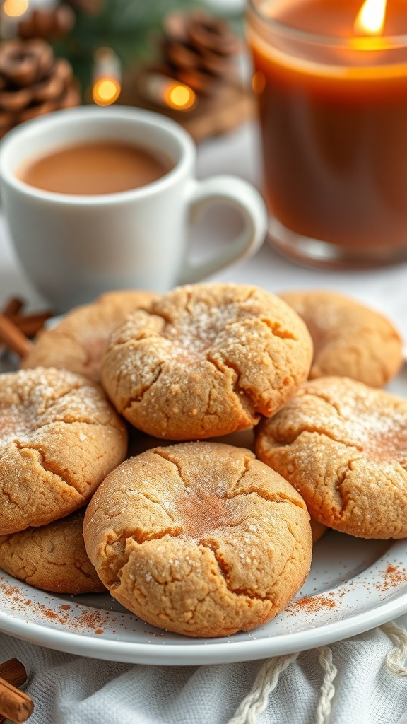 A plate of vegan snickerdoodle cookies with a cup of coffee and a candle in a cozy setting.