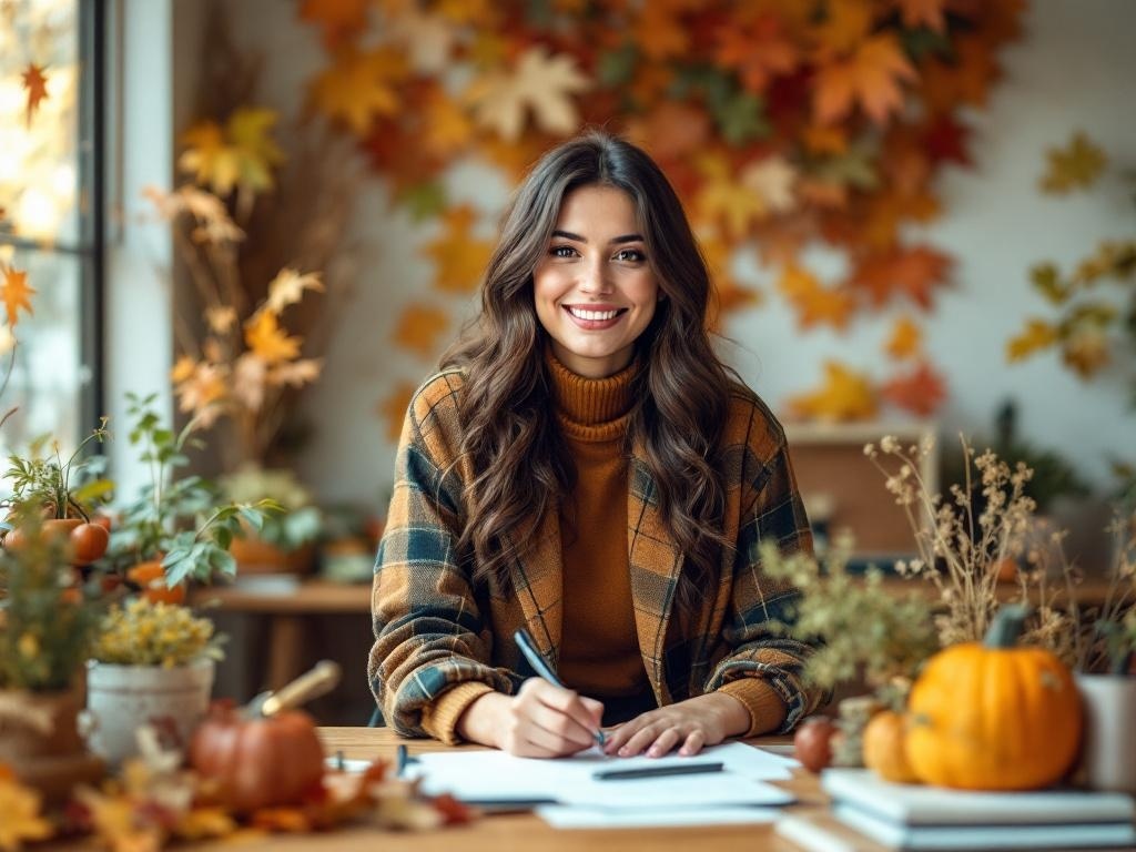 A woman sitting at a desk with autumn leaves in the background, wearing a plaid blazer and a turtleneck, smiling while writing.