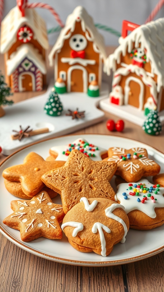 Plate of no-bake gingerbread cookies in festive shapes, decorated with icing and sprinkles, with gingerbread houses in the background.