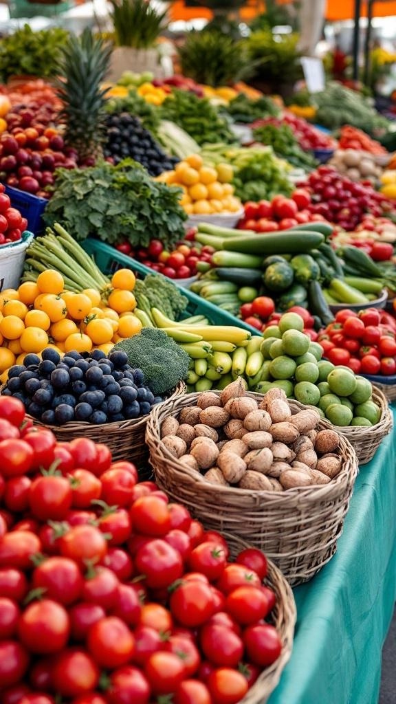 A vibrant display of seasonal fruits and vegetables at a farmers market.