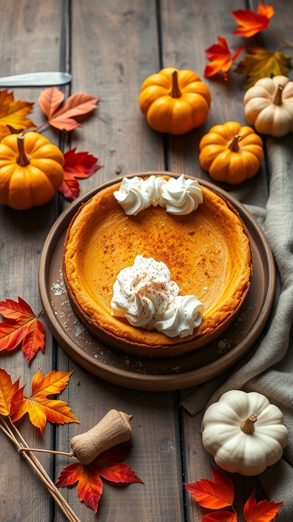 A beautifully presented pumpkin spice vegan cheesecake surrounded by autumn leaves and small pumpkins.
