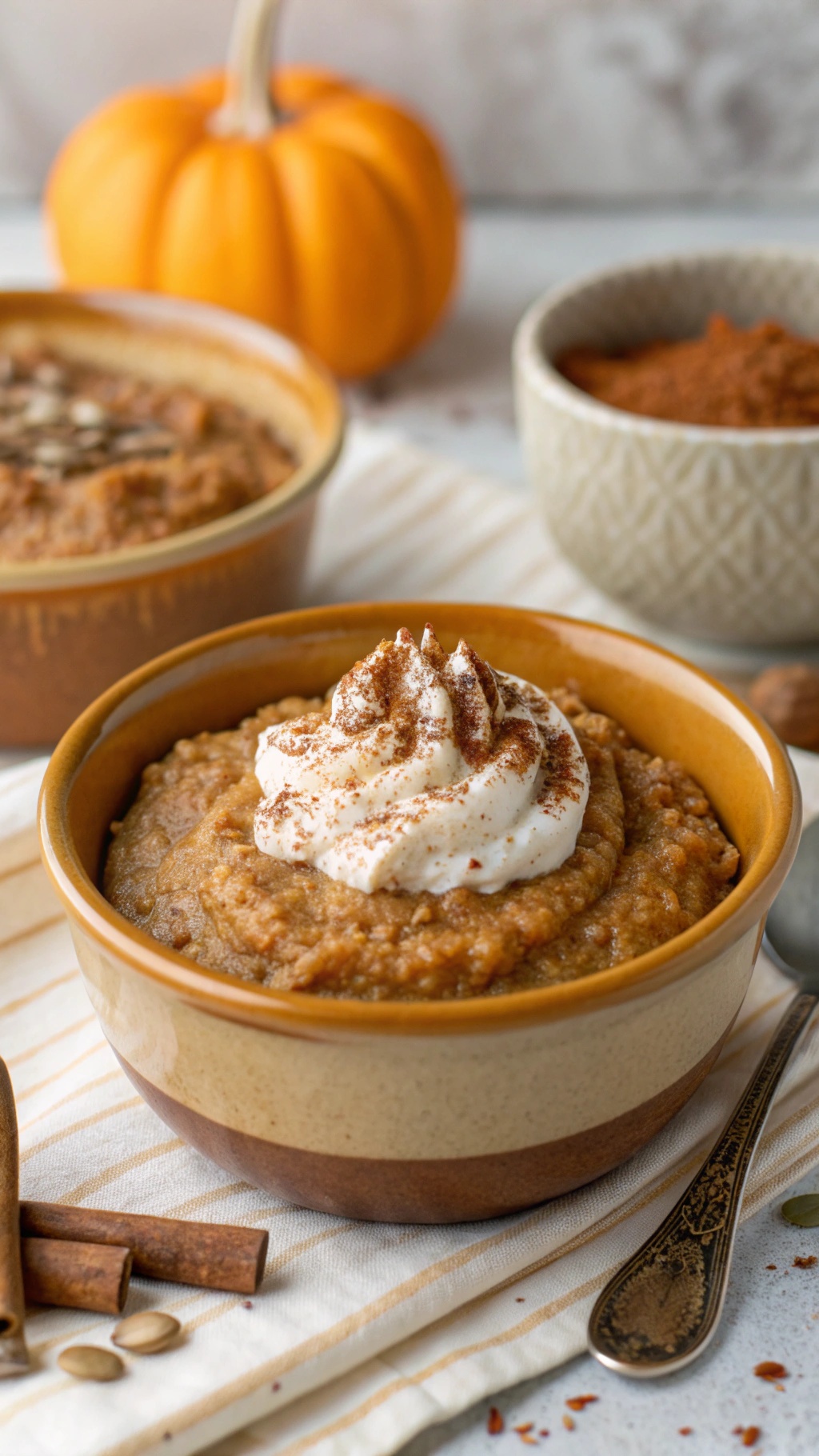A bowl of pumpkin spice chia pudding topped with whipped cream and cinnamon, with a pumpkin in the background.