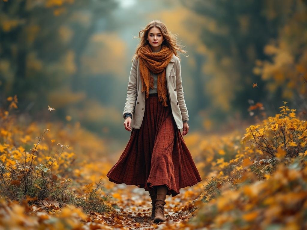 A woman walking in a forest with autumn leaves, wearing a long skirt, sweater, and scarf.