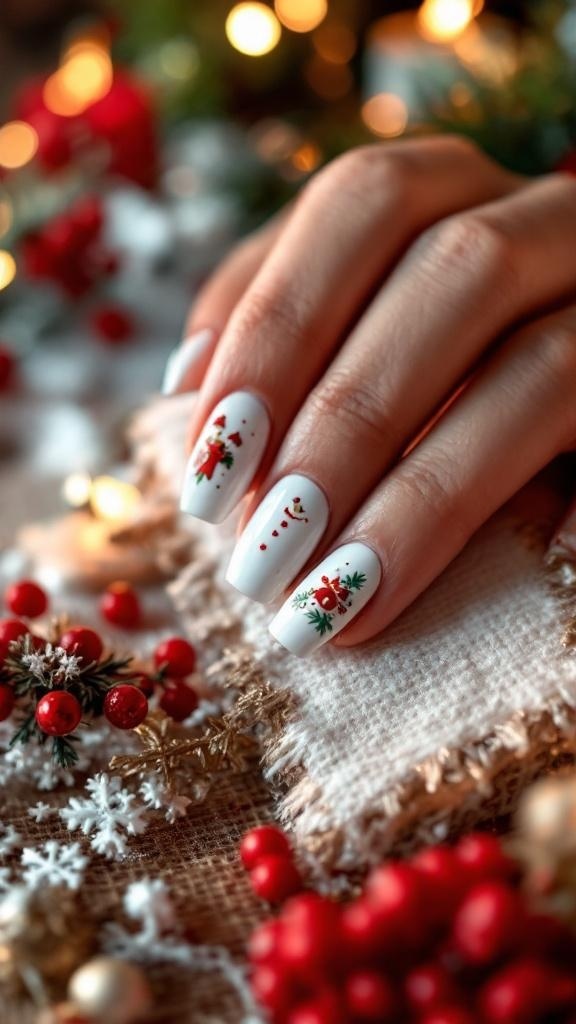 White nails with holiday-themed designs including a reindeer, snowman, and festive decorations.