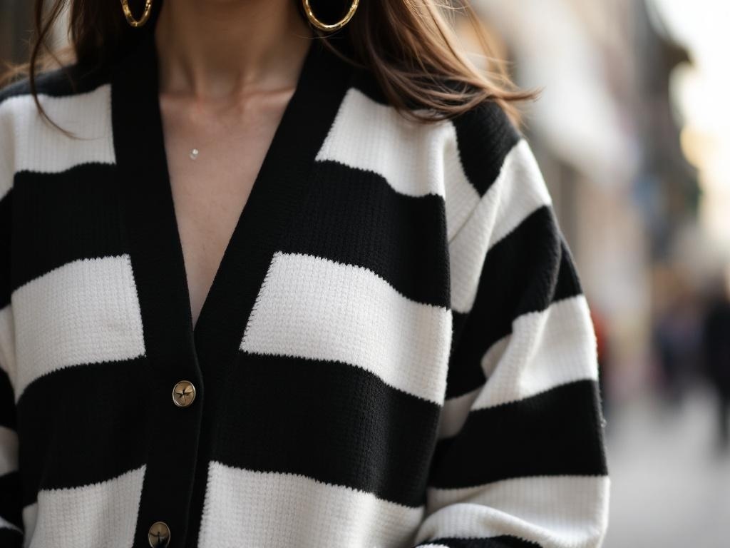 A close-up of a woman wearing a black and white striped cardigan with large hoop earrings.