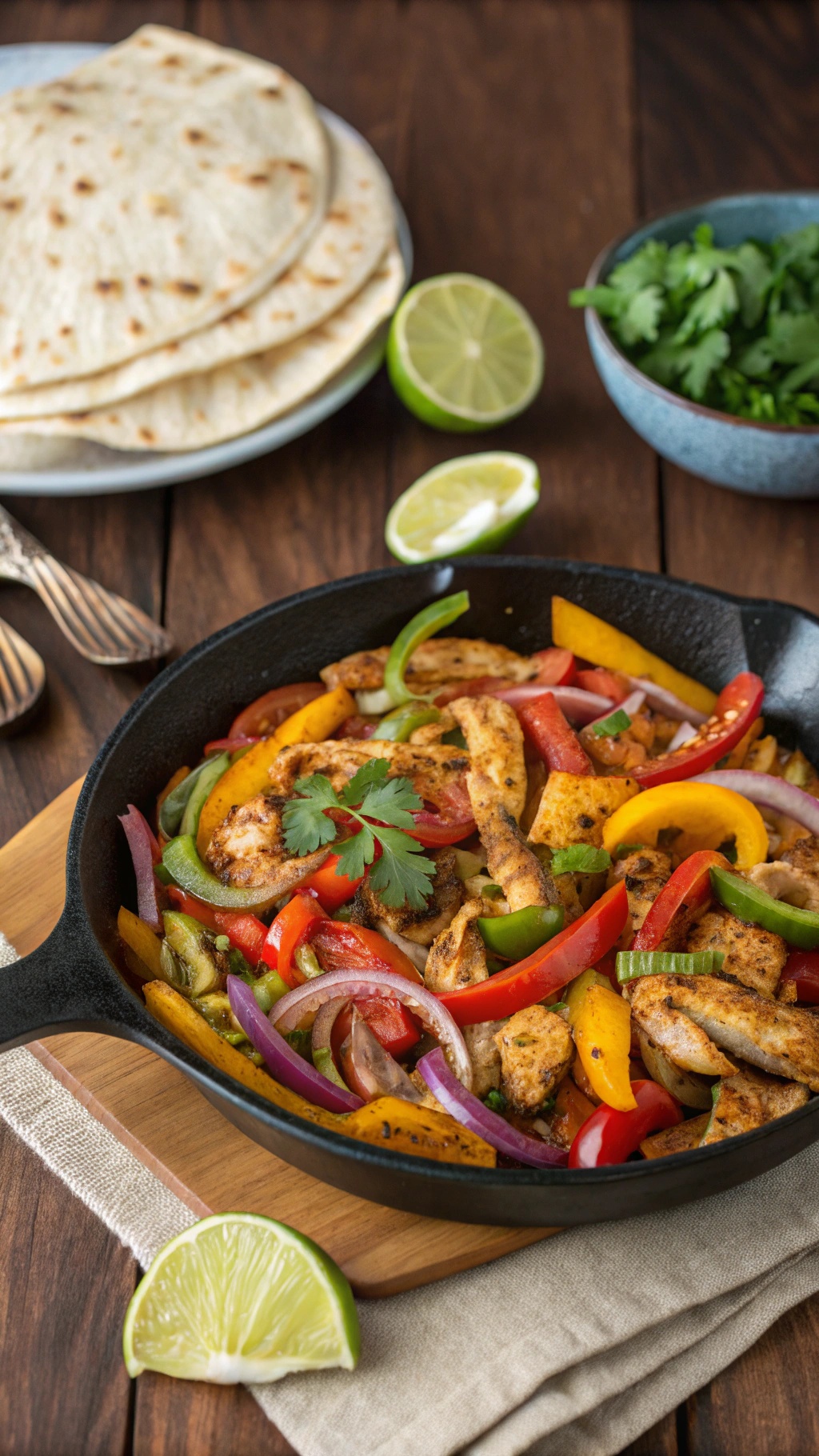 A delicious one-pan chicken fajitas dish with colorful peppers and tortillas