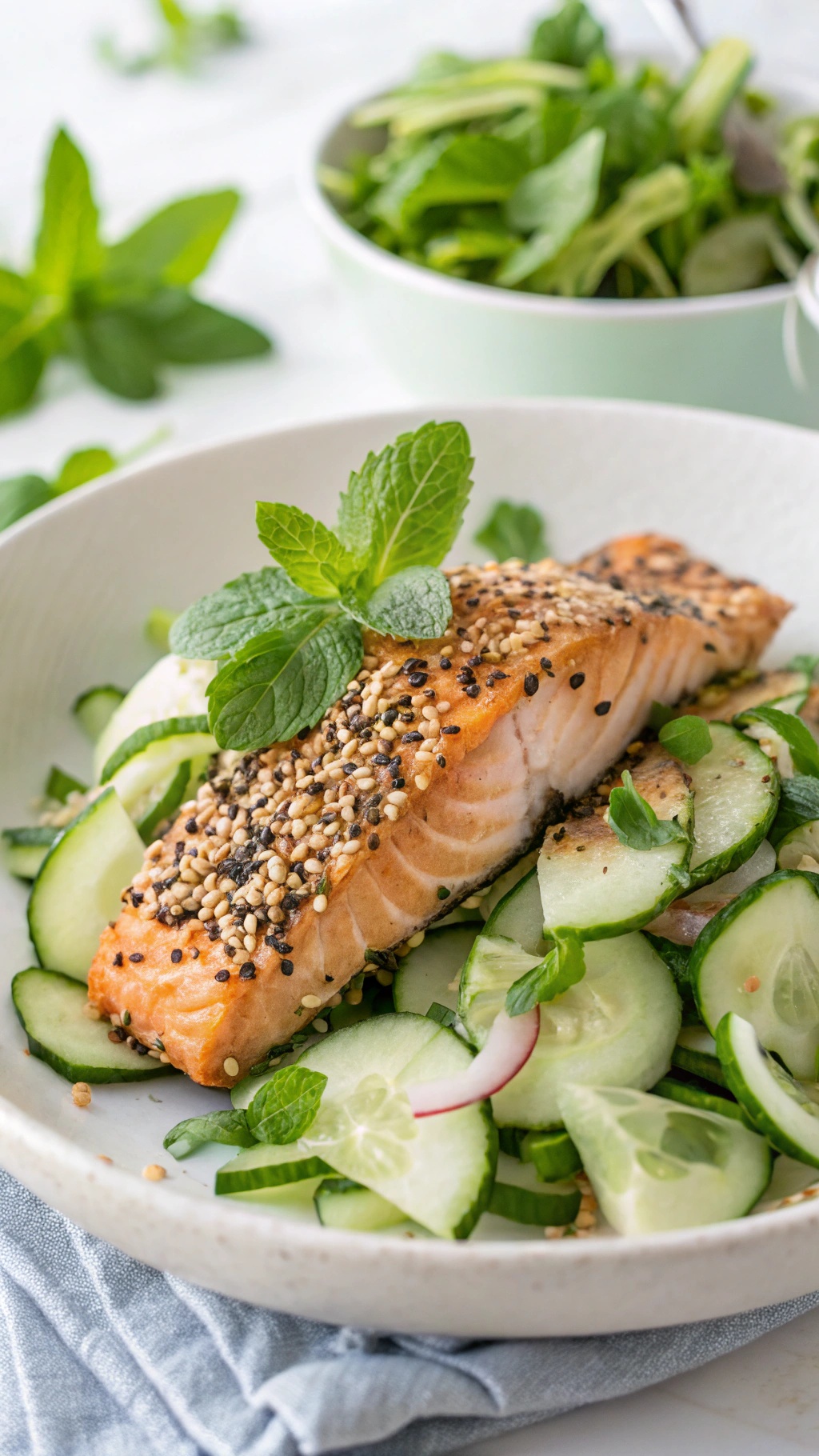 A plate of sesame-crusted salmon served with cucumber salad and garnished with mint.