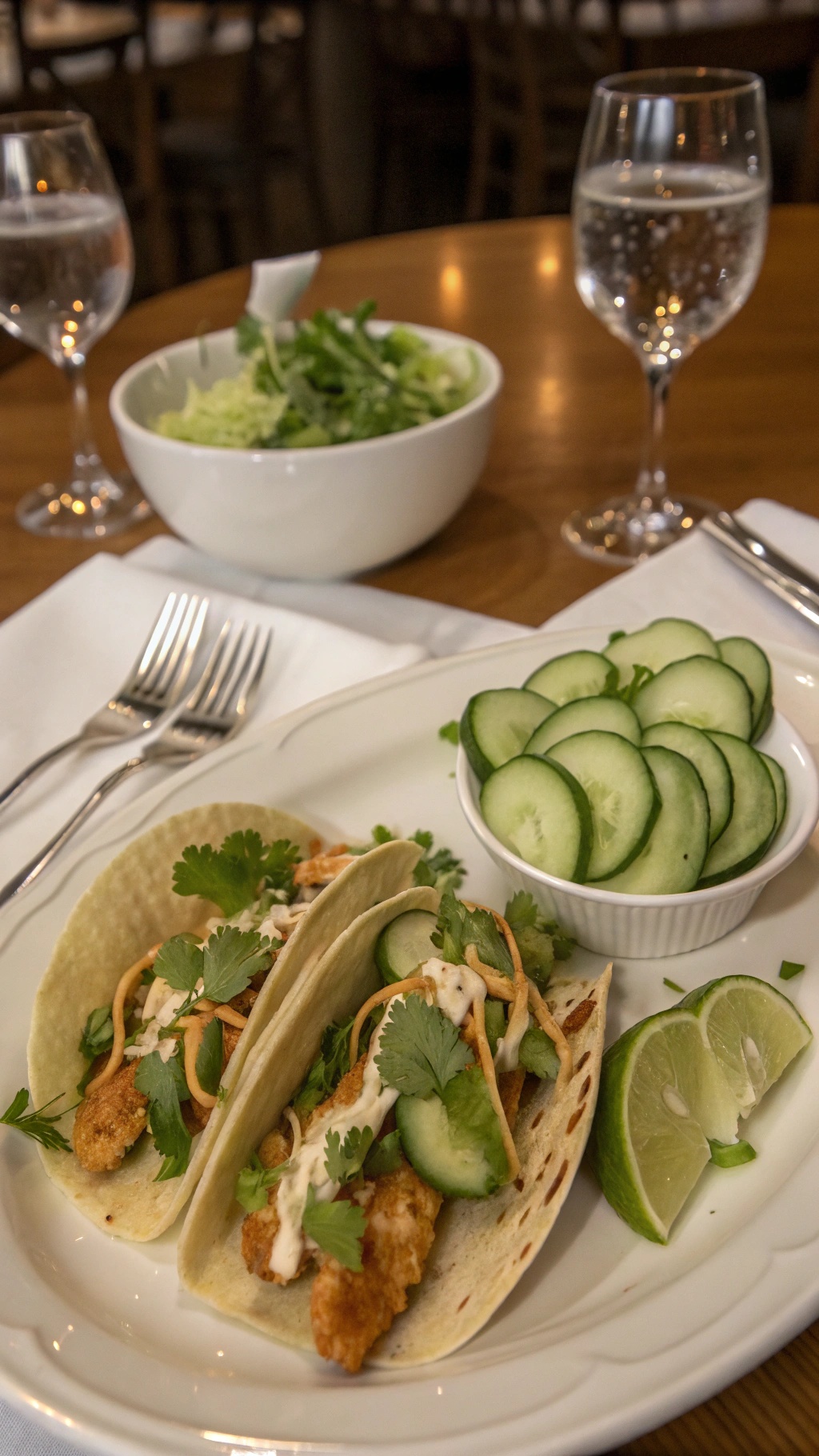 Sesame ginger fish tacos with cucumber salad on a plate, garnished with lime and cilantro.