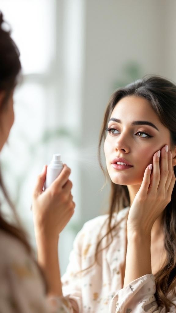 A woman applying setting spray to her face in front of a mirror with a ring light.