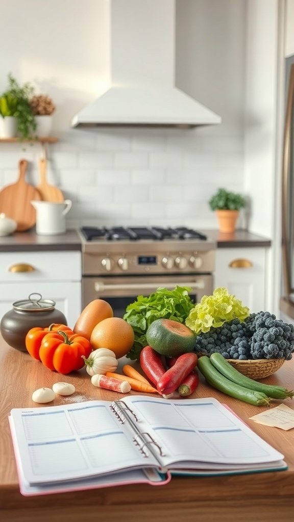 A bright kitchen with fresh vegetables, eggs, and a meal planner open on the counter.
