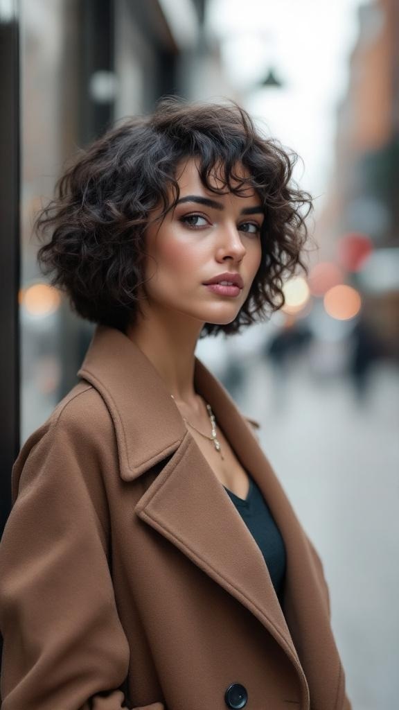 A woman with a short curly bob hairstyle, wearing a brown coat, standing outdoors.