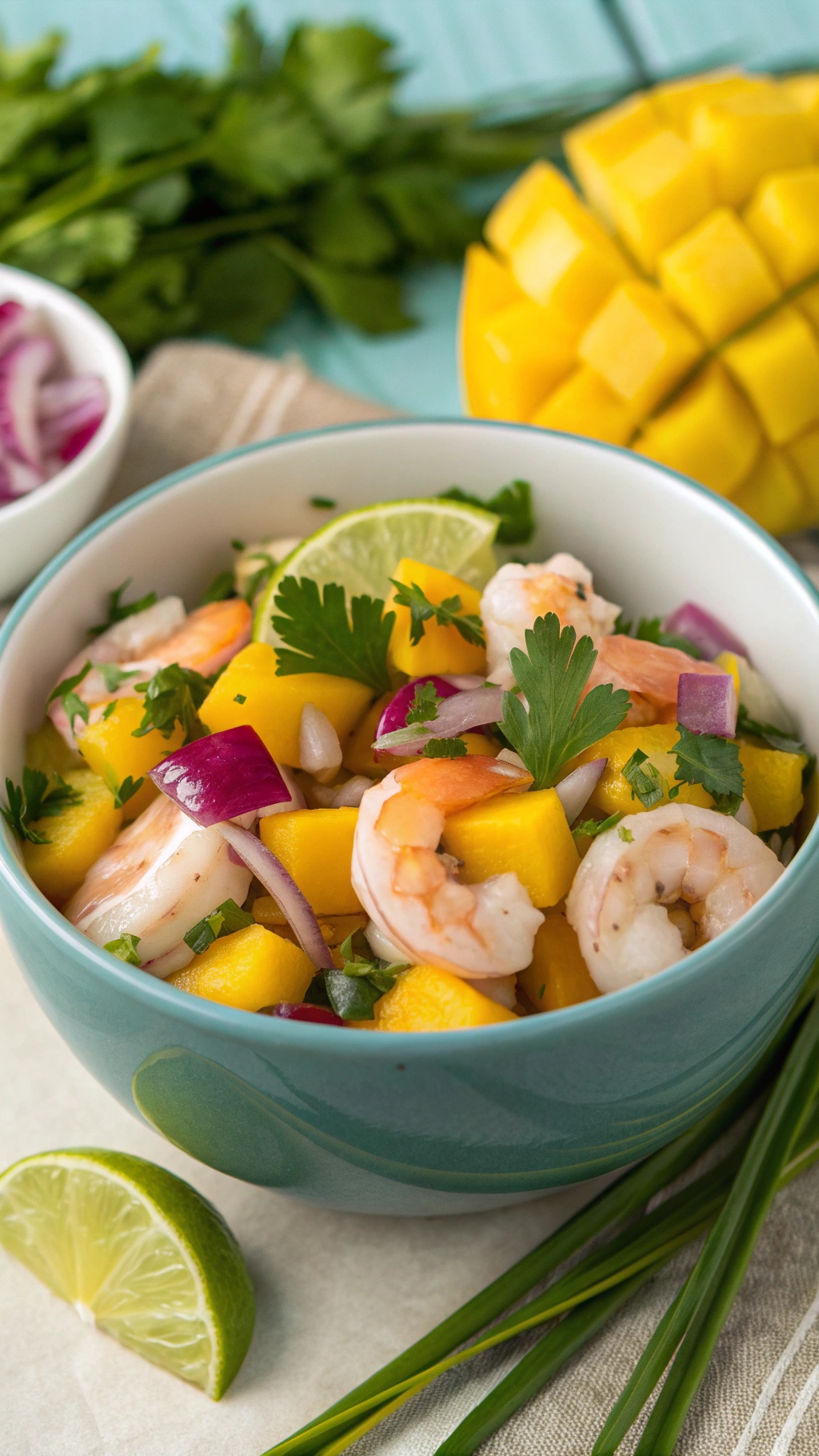 A bowl of shrimp ceviche with mango, lime, and cilantro, garnished with lime slices.