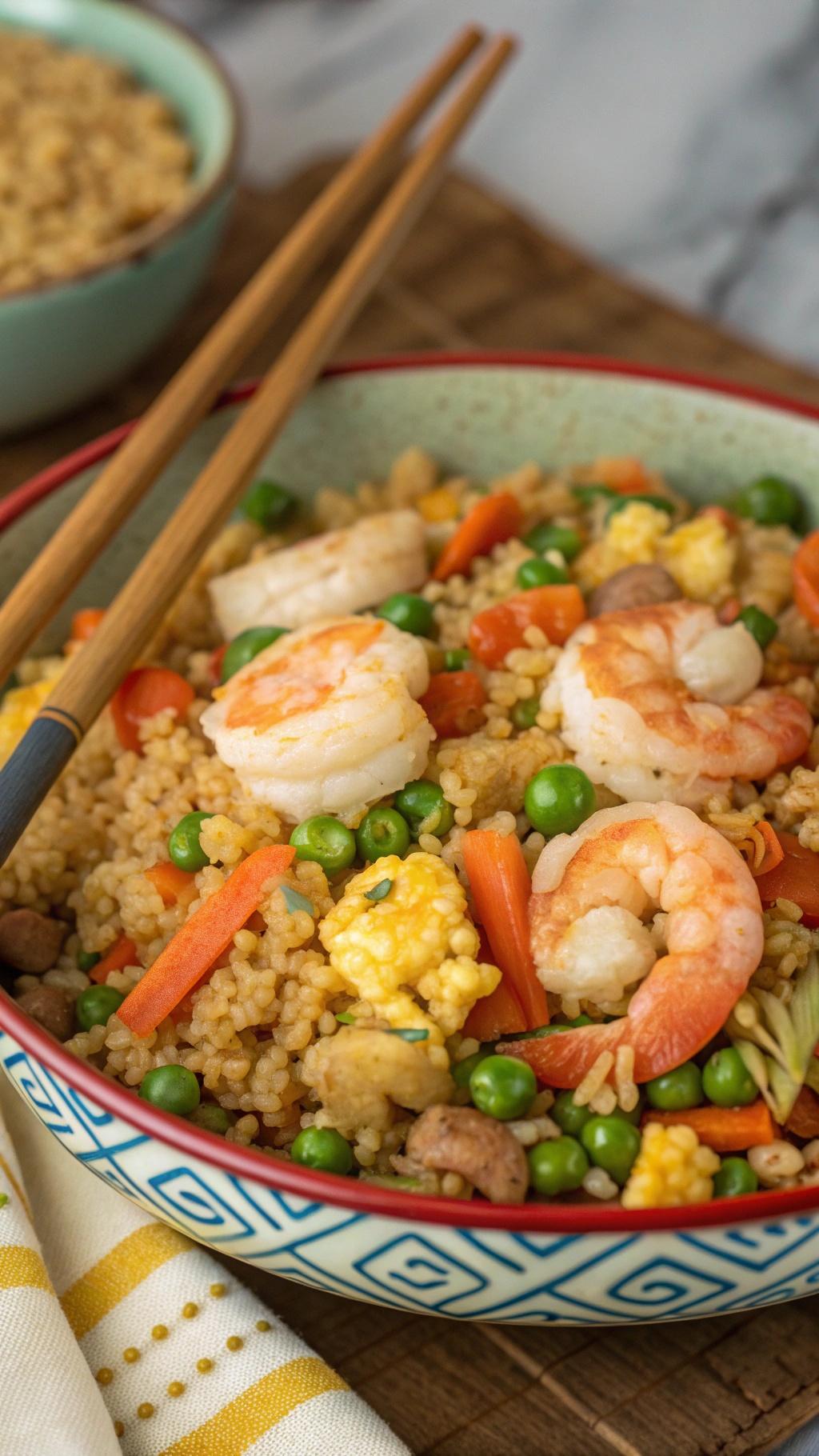 A bowl of shrimp fried cauliflower rice with colorful vegetables.