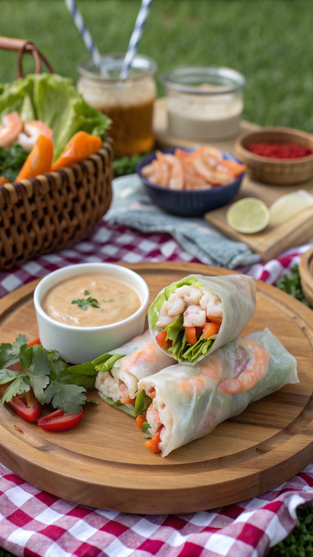 Shrimp spring rolls with peanut dipping sauce on a wooden platter, surrounded by fresh ingredients.