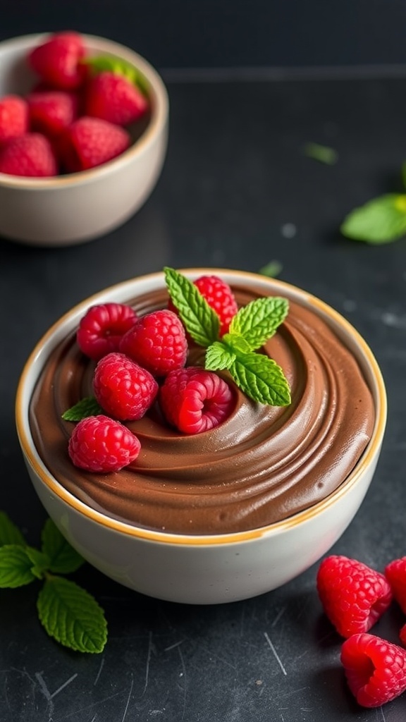 A bowl of silky chocolate avocado mousse topped with fresh raspberries and mint leaves.